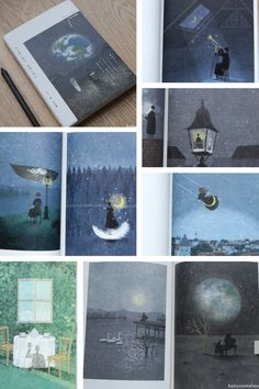 an open book with pictures of people in the night and on the moon, sitting next to each other