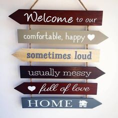 a wooden sign hanging on the wall that says welcome to our comfortable happy sometimes loud usually messy full of love home