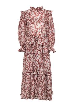 Current Boutique-Doen - Rust Red & Cream Floral Print Long Sleeve Maxi Dress Sz M Fall Maxi Dress With Ruffle Hem And Tiered Skirt, Fall Tiered Skirt Maxi Dress With Ruffle Hem, Flowy Tiered Maxi Dress For Fall, Fall Tiered Maxi Dress With Ruffle Hem, Tiered Ruffle Maxi Dress For Fall, Red Floral Print Maxi Dress For Fall, Fall Tiered Ruffle Maxi Dress, Fall Tiered Maxi Dress With Ruffles, Red Tiered Dress For Fall