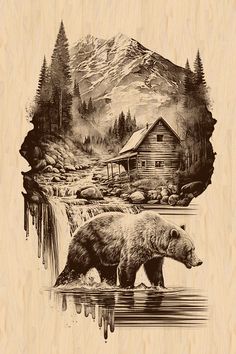 a drawing of a bear and a cabin in the woods next to a river with waterfall