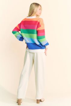 STRIPED TEXTURED KNIT MULTI COLORS BUTTON FRONT SWEATER CARDIGAN 100%POLYESTER Model is wearing Small Height: 5'10" Bust : 34 Waist : 25" Hips : 35" Trendy Color Block Sweater For Loungewear, Casual Color Block Cotton Cardigan, Spring Color Block Sweater For Loungewear, Multicolor Knit Tops With Ribbed Cuffs, Oversized Multicolor Sweater With Ribbed Cuffs, Spring Cotton Color Block Cardigan, Multicolor Cotton Sweater With Ribbed Cuffs, Casual Multicolor Cardigan For Layering, Trendy Multicolor Sweater With Ribbed Cuffs