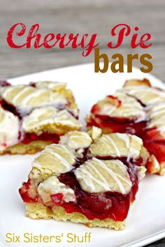 cherry pie bars on a white plate with text overlay that reads, cherry pie bars six sisters stuff