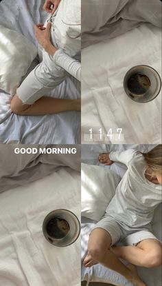 four different pictures of a woman laying in bed