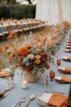 Burnt orange and dusty blue wedding reception    #burntorange #rustorangewedding #dustybluewedding #burntorangedustybluewedding #dustyblueweddingdecor #burntorangedustyblueweddingtheme #dustyblueburntorangeweddingreception #blueandorangewedding #blueandorangeweddingtheme #blueandorangeweddingdecor #blueandorangeweddingreception Cornflower Blue And Burnt Orange Wedding, Fall Wedding Colors Dusty Blue, Dusty Blue Copper Wedding, Dusty Blue And Burnt Orange Wedding Color Schemes, Wedding Inspo Rustic, Navy Blue And Burnt Orange Wedding Centerpieces, Burnt Orange And Light Blue Wedding, Rust And Light Blue Wedding, Light Orange Wedding Theme