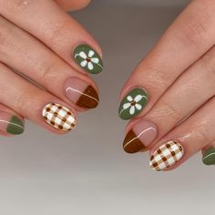 Fall Mix And Match Nails, Fall Checkerboard Nails, Autumn Nail Inspo Short, Fall Nails Different Color Each Nail, Fall Funky Nails, Fall Color Palette Nails, Acorn Nails, Woodland Nails, Brown And Green Nails