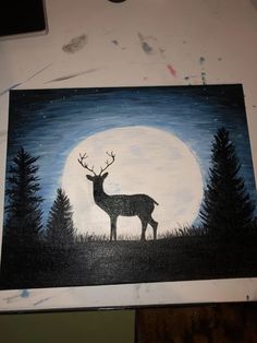 a painting of a deer standing in front of a full moon