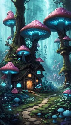 a house in the middle of a forest surrounded by mushrooms and trees with blue lights