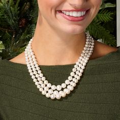 Ross-Simons - 6-11.5mm Cultured Pearl Graduated Three-Strand Necklace, 14kt Yellow Gold. 18". An RS exclusive. In a grand display, this 6-11.5mm cultured freshwater pearl three-strand necklace creates an impressive and classic fashion statement. Graduates from 3/4" to 1 1/2" wide. Fastens with a 14kt yellow gold box clasp. White pearl necklace. Pearl birthstones are the perfect gift for June birthdays. Triple Layer Necklace, Three Strand Necklace, Pearl Birthstone, White Pearl Necklace, Boot Jewelry, Gold Box, Box Clasp, Necklace Pearl, Pearl Strands