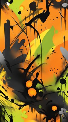 an abstract painting with black and yellow colors