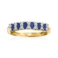 Ross-Simons - .40ct t. w. Sapphire, .21ct t. w. Diamond Ring in 14kt Yellow Gold. Size 9. Stack on the color and sparkle! This ring showcases .40 ct. t. w. baguette sapphires illuminated by .21 ct. t. w. round brilliant-cut diamonds in white rhodium. Set in polished 14kt yellow gold. 1/8" wide. Diamond and sapphire ring. Sapphire birthstones are the perfect gift for September birthdays. Diamond And Sapphire Ring, Essential Jewelry, Jewelry Presentation, Sapphire Birthstone, Ring Sapphire, Jewelry Styles, Sapphire Diamond Ring, Jewelry Essentials, Sapphire Stone