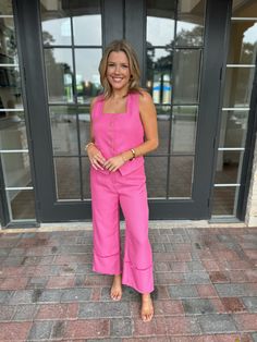 Adorable pink high waisted wide leg pants with a hidden zipper and clasp. Model is 5'4" with a 28" waist, 34" bust, and 35" hips wearing a small. Trendy Pink Wide Leg Pants For Summer, Chic Pink Wide Leg Pants, Summer Pink Wide Leg Pants, Pink Wide Leg Pants For Summer, Pink Straight Leg Pantsuit For Spring, Chic Pink High Waist Pantsuit, Fitted Pink Pantsuit For Summer, Pink High-waisted Wide Leg Summer Pants, Pink High Waist Wide Leg Pants For Summer