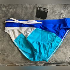 Nwt Andrew Christian Swim Briefs Blue Aqua And White. Blue Brief Swimwear For Surfing, Casual Blue Color Block Swimwear, Multicolor Beach Swimwear Briefs, Light Blue Swimming Briefs, Blue Surfing Swimwear Briefs, White Swim Shorts, 4-way Stretch Summer Swimwear Brief, Swimming Strokes, Andrew Christian