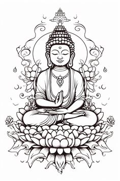 buddha sitting on top of a lotus flower in black and white with the words,