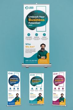 three roll up banners with the words unleash your business potential