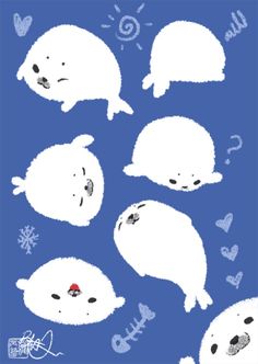 polar bears with hearts and snowflakes on their faces are drawn in white ink