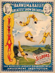 an advertisement for the circus shows people hanging upside down on ropes and being suspended off