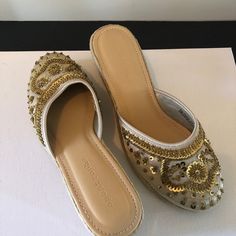 Apostrophe Slip On/Mules Wedge Espadrilles With Gold Embellishments Size 10 Never Worn Nwob Gold Embellished Wedge Sandals For Beach, Gold Embellished Wedge Sandals With Round Toe, Wedge Espadrilles, Gold Embellishment, Slip On Mules, Espadrille Shoes, Espadrilles, Embellishments, Wedges