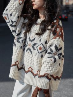 ⚡️Free Shipping 2022 Fair Isle Christmas Pullover Sweater Beige ONE SIZE under $32.00 in Sweaters at AnotherChill.com Online. Style: Casual/Street/Sweet/Vintage/Preppy. Fabric Content: Polyester, Acrylic, Spandex. Fit Type: Loose fit. Neckline: Crew Neck. Sleeve Length: Long Sleeve. : Updated some cute patterned jumpers for holiday seasons. This fair isle inspired jumper cuts to a relaxed silhouette, features snowflakes jacquard through the body, it has waven textured design, and dropped long sl Fair Isle Christmas, Cozy Jumper, Motif Fair Isle, Christmas Pullover, Fair Isles, Beige Pullover, Vintage Preppy, Jacquard Sweater, Textured Design