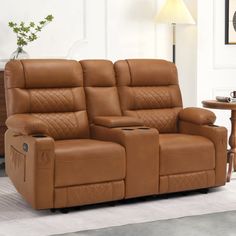 a brown leather reclining loveseat in a living room