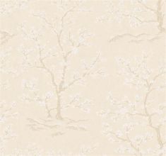 a beige wallpaper with white flowers and branches on the top, in front of a tan background