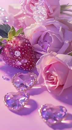 pink roses and jewels are on the table