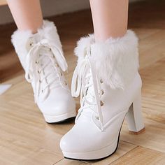 High Heel Boots Pink White Black Fur Lovely Lolita on Storenvy Sepatu Platform, Apricot Heels, Lace High Heels, Boots With Fur, Cute Shoes Heels, Kawaii Shoes, Lace Up High Heels, Heels Classy, Fancy Shoes