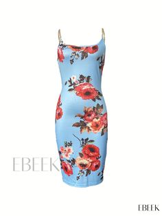 Ebeek - Elegant Floral Bodycon Dress with Chain Strap, Alluring Spaghetti Backless Dress, Womens Fashion Attire Summer Sleeveless Dress With Chain Strap, Summer Dresses With Chain Strap, Floral Bodycon Dress, Floral Bodycon, Bodycon Floral Dress, Fashion Attire, Elegant Floral, Chain Strap, Knit Fabric