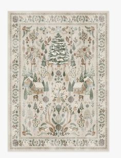 a rug with an ornate design on the front and side, featuring trees in different colors