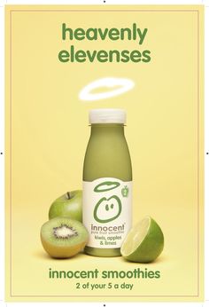 an advertisement for innocent smoothies with kiwis and apple slices on the side