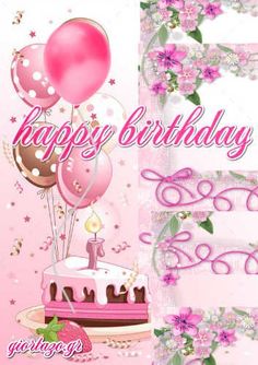 a pink birthday card with balloons and cake