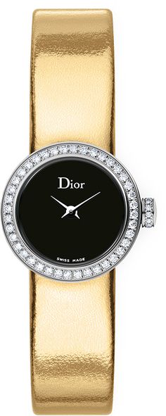 CD040110A010 CHRISTIAN DIOR LA D DE DIOR WOMEN'S WATCH Store Display Model (What's This?) - Free Overnight Shipping - With Manufacturer Serial Numbers - Swiss Made - Black Dial - Diamonds Set on Bezel & Crown - Total Diamond Weight: .46ct - Battery Operated Quartz Movement - 3 Year Warranty - Guaranteed Authentic - Certificate of Authenticity - Manufacturer Box & Manual         Includes Additional Replacement Gold Leather Strap - Polished Stainless Steel Case - Patent Black Leather Strap - Scratch Resistant Sapphire Crystal - 30 Meters / 100 Feet Water-Resistant - 19mm = 3/4" Case, 6" Adjustable Strap - Tang Buckle Set with Diamonds     Also Known As Model # 040110A010 Dior Watch, Black Jewellery, Black Gold Jewelry, Thai Silk, Luxury Timepieces, Black Jewelry, Picture This, Beautiful Watches, Gold Fashion