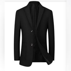 Chouyatou Men'S Casual Notched Collar 2 Button Slim Formal Wool Blend Suit Separate Blazer Jacket Black Single Button Blazer With Flat Front, Classic Black Long Coat Blazer, Classic Long Black Blazer, Tailored Single Breasted Black Blazer, Black Lapel Collar Outerwear For Semi-formal Occasions, Black Winter Suits For Office Wear, Tailored Single-breasted Black Blazer, Black Blazer With Button Closure For Office, Black Winter Office Wear Suits