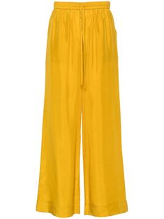 mustard yellow silk satin finish lightweight two side slash pockets unlined wide leg elasticated drawstring waistband Yellow Silk, Versace Outfit, Yoko London, Silk Trousers, Yoga Wear, Mustard Yellow, Silk Satin, Bottoms Pants, Denim Dress