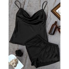 Season:Summer,Spring; Fabric:Satin,Silk; Sleeve Length:Sleeveless,Short Pant; Gender:Women's; Quantity:3 Pieces; Nightwear Style:Pajamas,Sets; Style:Lovers,Comfort,Fashion; Elasticity:Micro-elastic; Tops Type:Strap Top; Occasion:Daily,Home,Bed; Function:Breathable; Pattern:Pure Color; Design:Backless,Elastic Waist; Neckline:Straps; Bottom Type:Shorts; Listing Date:01/03/2024; Hips:; Length:; Length [Bottom]:; Waist:; Bust: Cute Nightwear, Comfort Home, Sleepwear Women Pajamas, Black Pajamas, Silk Pajamas Women, Pajamas Sets, Women's Pajamas, Spring Fashion Outfits, Color Fashion