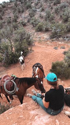 two people sitting on the ground with horses