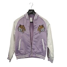 Women's Purple And White Varsity Jacket - New Purchased In Japan Embroidered Tigers On Front And Back Size M Two Front Pockets, One Inside Left Chest Pocket Full Zip Spring Embroidered Cotton Varsity Jacket, White Embroidered Varsity Jacket For Spring, Embroidered Long Sleeve Varsity Jacket For Spring, Spring Embroidered Varsity Jacket With Long Sleeves, Spring Embroidered Long Sleeve Varsity Jacket, Trendy White Varsity Jacket For Spring, White Varsity Jacket, Adidas Jacket Women, Grey Tracksuit