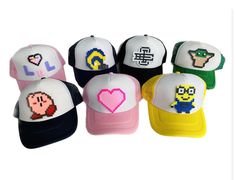 We offer Trucker Hats in many colors with a fusion bead design.    We can customize it for you or choose from one of our designs.   Choosing designs such as your favorite sports teams, character, logos, and many more!     PLEASE EMAIL US WITH WHAT DESIGN YOU WOULD LIKE.   *Subject to design availability  A little about me? My sister (who is 7) and I, Sky, age 11, decided we wanted to start a business.  We love doing fusion beads and we thought it would be a fun idea to put them on hats.  We realized that it would be a great product to sell to other kids just like us.  We hope you like it as much as we do Fun White Cap Style Costume Hats, Fun White Cap Style Costume Hats And Headpieces, Fun White Costume Hats And Headpieces, Fun White Costume Cap, Themed Baseball Cap, One Size Fits Most, Themed Baseball Cap One Size Fits Most, Themed Snapback Hat One Size, Themed Snapback Hat, Adjustable Themed Cap Style Hat