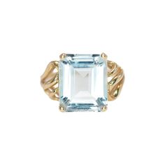 "Simple and elegant, this gorgeous pale blue 5.11-carat aquamarine is set into 14K yellow gold. The glistening gold wirework pops against the sparkly aquamarine. Crafted in the 1980s, the emerald-cut gemstone delivers excellent light return, making the ring glow. A perfect gift for a March baby! The name aquamarine means \"seawater\" in Latin and is thought to contain the spirit of the ocean. Ancient sailors thought that wearing aquamarine would calm stormy seas. Aquamarine is a member of the be Classic Light Blue Emerald Cut Jewelry, Classic Light Blue Aquamarine Jewelry, Emerald Cut Aquamarine Gold Jewelry, Elegant Yellow Gold Ring With Aquamarine, Formal Aquamarine Solitaire Jewelry, Fine Jewelry In 14k Gold With Light Blue Color, Light Blue 14k Gold Fine Jewelry, Elegant Light Blue 14k Gold Jewelry, Classic Light Blue Jewelry For Formal Occasions