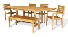 a wooden table with four chairs and a bench