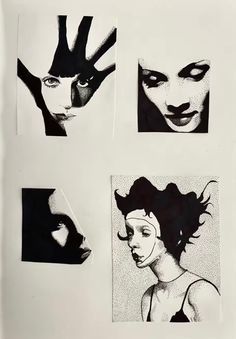 four black and white drawings of women's faces