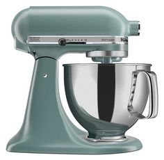 an aqua green kitchen mixer is shown on a white background with the words artisan above it