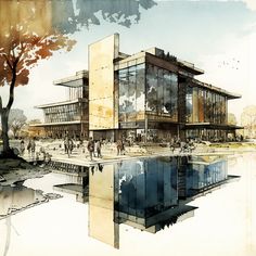 an artistic rendering of a building next to a body of water with people walking around it