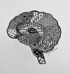 a black and white drawing of a human brain with many different things on the side