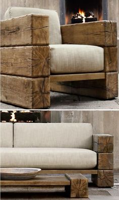 two pictures of a couch made out of wood and fire place in the back ground