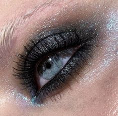 Blue Gray Smokey Eye, Black Eyeshadow Blue Eyes, Slate Blue Makeup Looks, Sultry Makeup Looks Blue Eyes, Blue Glitter Eyeshadow Looks, Eye Makeup Blue Eyes, Grey Makeup, Scene Makeup, Makeup Is Life