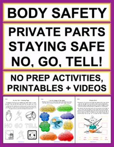 a sign that says body safety private parts staying safe no go, tell no prep activities printables videos