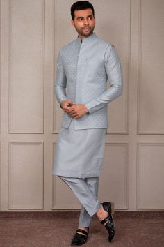 Own the room as you wear this readymade sky blue colored silk kurta and a thread embroidered silk jacket in similar color. Accompanied by a matching colored silk pant. Blue Kurta, Indian Groom, Kurta With Pants, Silk Jacket