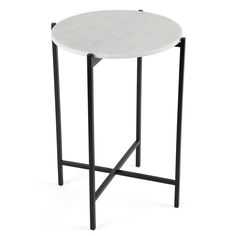 a white table with black legs and a round marble top on an isolated white background