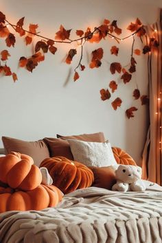 Made-to-measure wallpaper murals. Join us for inspiration on crafting stunning accent walls & revamping rooms with interior trends. We ship worldwide! Fall Color Bedding Master Bedrooms, Pumpkin Room Decor, Fall Decoration Bedroom, Fall Lights Decorations, Cozy Autumn Aesthetic Room, Autumn Bedding Cozy, Orange Wall Room, Fall Decorated Room, Fall Decorations Bedroom