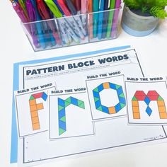 the pattern block words worksheet is next to some markers and pencils on a table